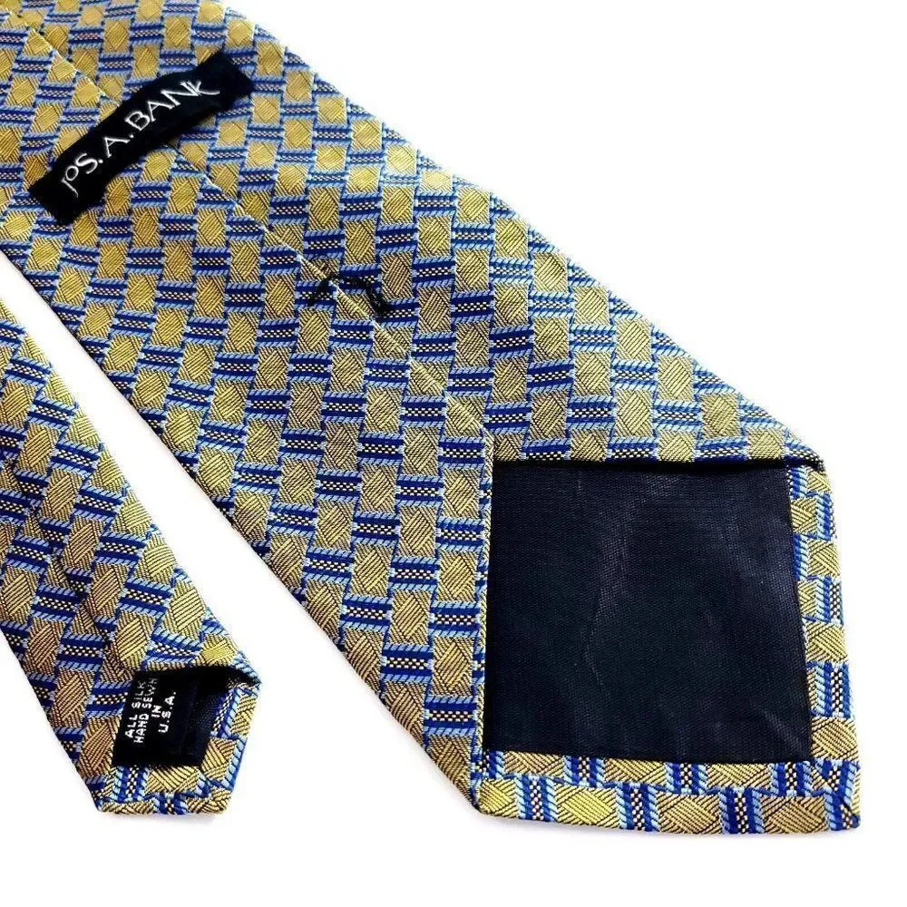 Jos A Bank Blue Yellow Woven Geometric Long‎ Silk Tie